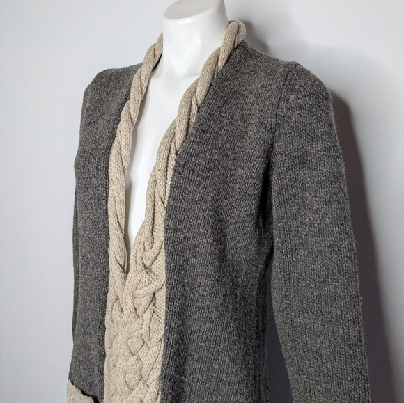 Anthro Sparrow Grey Braided Tan Wool Open Cardigan Sweater M - Picture 2 of 11